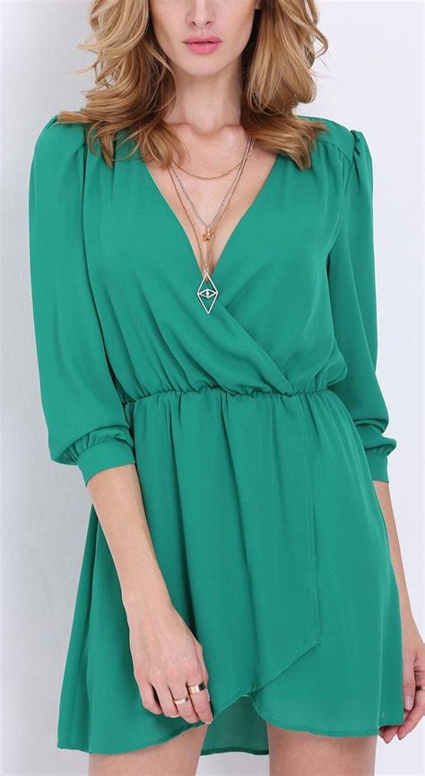 This Gorgeous Long Sleeve V Neck Wrap Fornt Dress Is Such A Lovely Shade Of Green Cute Dresses