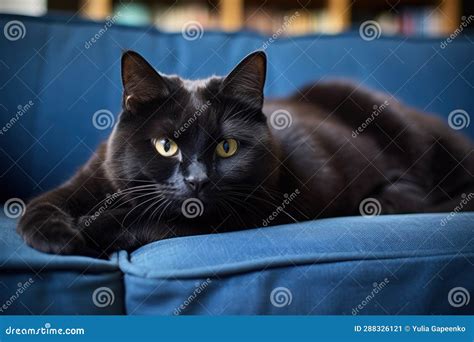 A Fat Cat Lies On A Blue Sofa Stock Image Image Of Hair Kitten