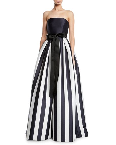 Monique Lhuillier Striped Mikado Bow Waist Strapless Ball Gown With