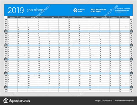 Yearly Wall Calendar Planner Template For 2019 Year Vector Design