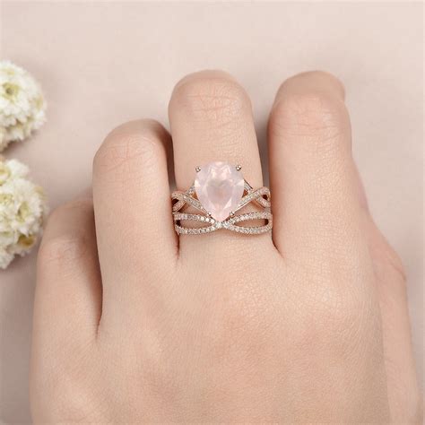 pear shaped rose quartz engagement ring rose gold crystal etsy