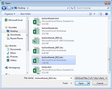 Ms excel 2013: open an existing workbook