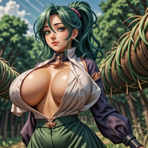 Ai Generated Breasts Farm Farmer Forest Green Eyes Green Hair Large Breasts Looking To
