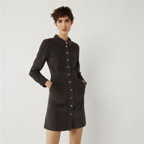 Warehouse Cord Snap Front Dress Dark Grey 1 Mini Shirt Dress
