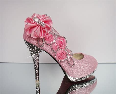 2015 pink luxury bling women pumps 10cm high heels wedding shoes handmade flowers crystals