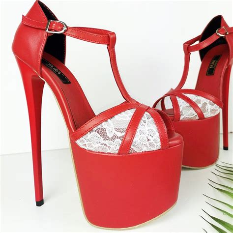 Red Lace Peep Toe Ankle Heels Ankle Heels Platform High Heel Shoes