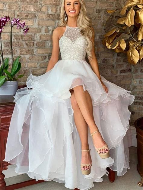 White High Low Tulle Prom Dress White High Low Formal Evening Dress