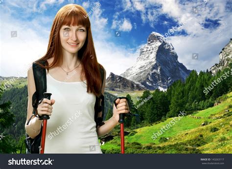 Beautiful Young Woman Hiking Swiss Alps Stock Photo 143263117