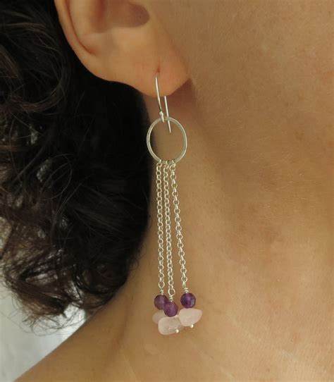 Dangle Chain Earrings With Gems Sterling Silver Multi Etsy