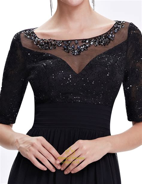 Black Beaded Neckline Lace Bodice Chiffon Prom Dress With Half Sleeves
