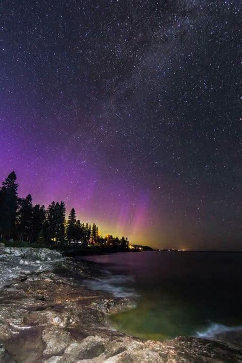 Aurora Borealis Milky Way And Lake Superior From Tofte Mn Last Night