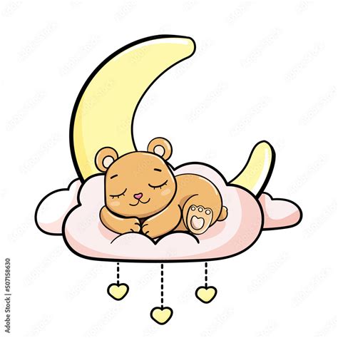 Happy Cartoon Cute Baby Teddy Bear Sleeping On A Cloud Under Moon And