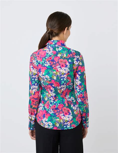 Cotton Stretch Womens Semi Fitted Shirt With Floral Print And Single