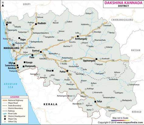 District Map Of Dakshin Kannada Showing Major Roads District Boundaries Headquarters Rivers