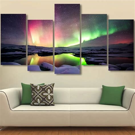 Hd Printed 5 Piece Canvas Art Green Aurora Borealis Lake Hill Night