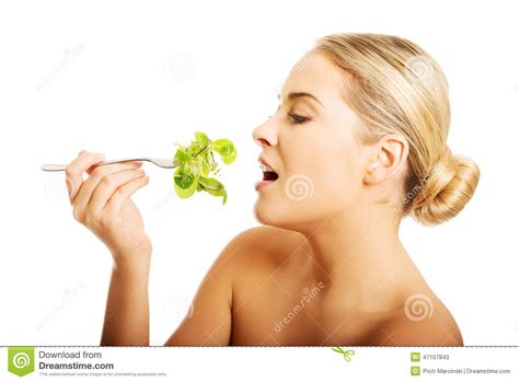 Side View Of A Nude Woman Eating Lettuce Stock Image Image Of Beauty