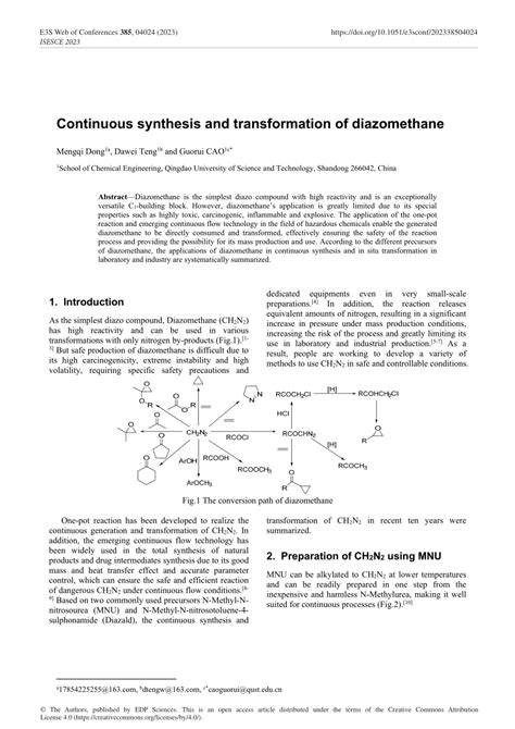 Pdf Continuous Synthesis And Transformation Of Diazomethane