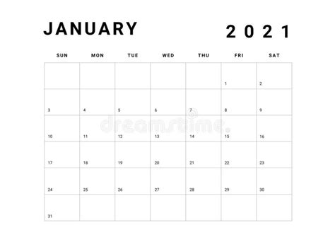 Plantilla De Calendario Minimalista De Enero De 2021 Stock De