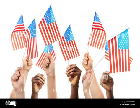Hands Waving American Flags On White Background Patriotic Concept