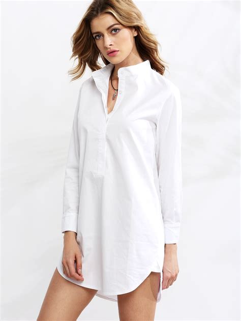 White Stand Collar Shirt Dress Sheinsheinside