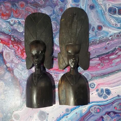 African Tribal Carved Ebony Dark Wood Women Bust Sculptures Statue Headress 20 61 Picclick