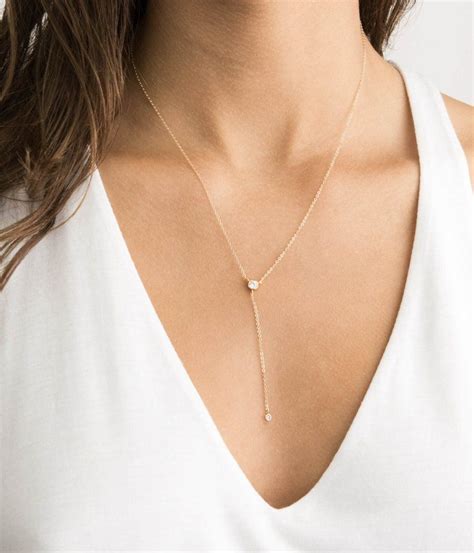 Gold And Diamond Y Necklace Minimal Dainty Lariat Style Etsy Lariat