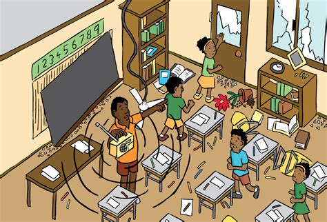 High Angle Cartoon Of Classroom Drawing Of Damage After Earthquake