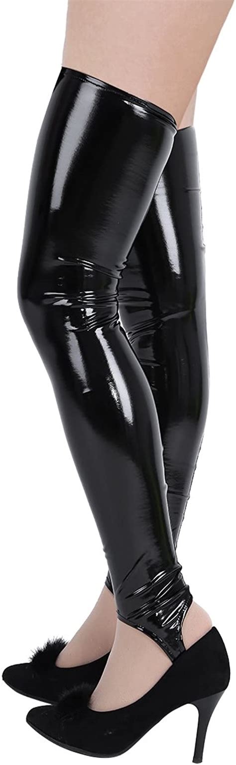 Chictry Womens Wet Look Thigh High Latex Stirrup Tights Stockings
