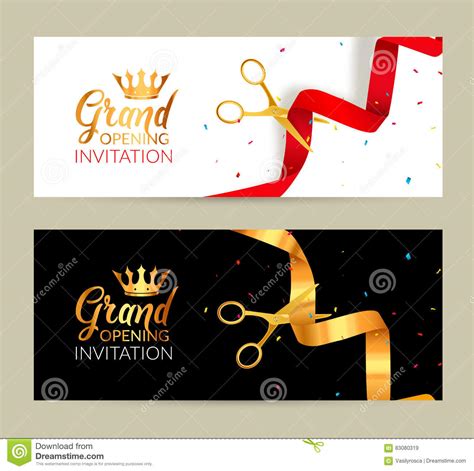 Grand Opening Invitation Banner. Golden Ribbon And Red Ribbon Cut Ceremony Event. Grand Opening ...