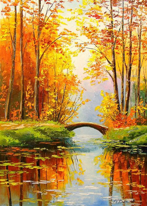 An Oil Painting Of A Bridge Over A River Surrounded By Trees And Leaves