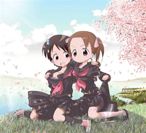 Nino Pixiv Itou Chika Matsuoka Miu Ichigo Mashimaro 2girls Bra Cherry Blossoms Clothes