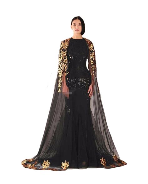 Sexy Mermaid Evening Dress Black Long 2017 Gold Appliques With Cape