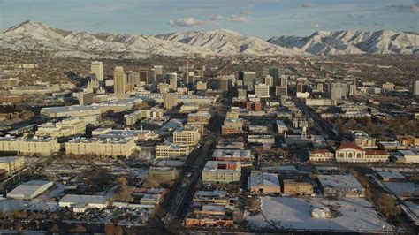 Approaching Buildings Downtown Salt Lake City Utah Aerial Stock