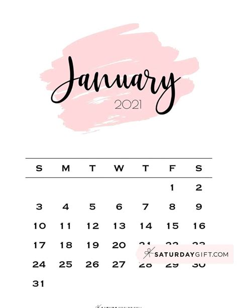 Cute And Free Printable January 2021 Calendar Saturdayt