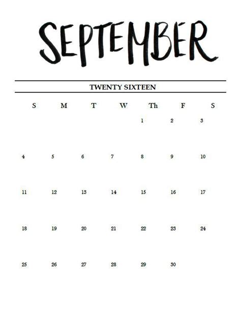 A Calendar With The Word September Written In Black Ink On White Paper