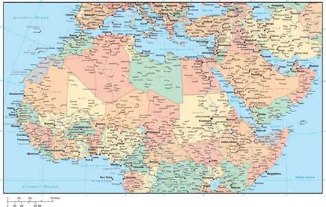 North Africa And Middle East Region Map With Country Areas Capitals An