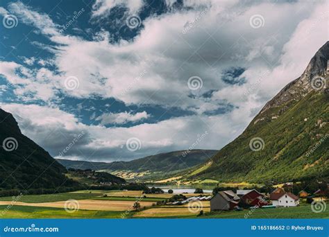 Byrkjelo Village Sogn Og Fjordane County Norway Beautiful Sky Above