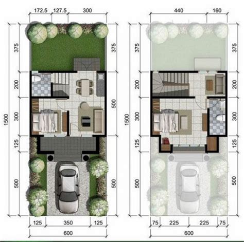 Denah rumah 2 lantai lebar 8 x 15 meter 6 kamar tidur. LINGKAR WARNA: Denah rumah minimalis ukuran 6x15 meter 2 ...