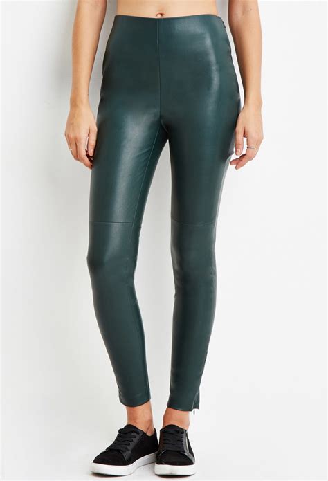 forever 21 faux leather leggings in green lyst