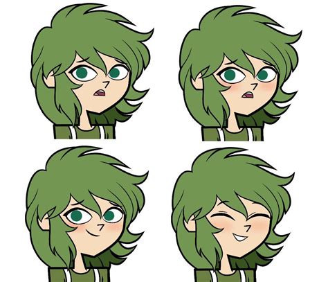 Four Cartoon Faces With Green Hair And Blue Eyes