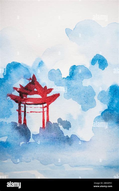 Japanese Painting With Temple On White Background Stock Photo Alamy