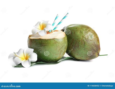 Fresh Green Coconuts With Drinking Straws Stock Photo Image Of