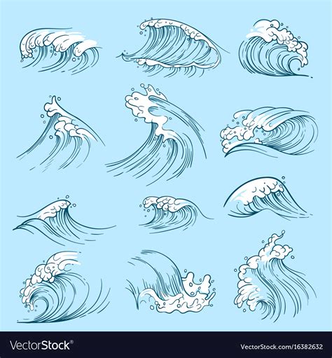 Sketch Ocean Waves Hand Drawn Marine Tides Vector Image