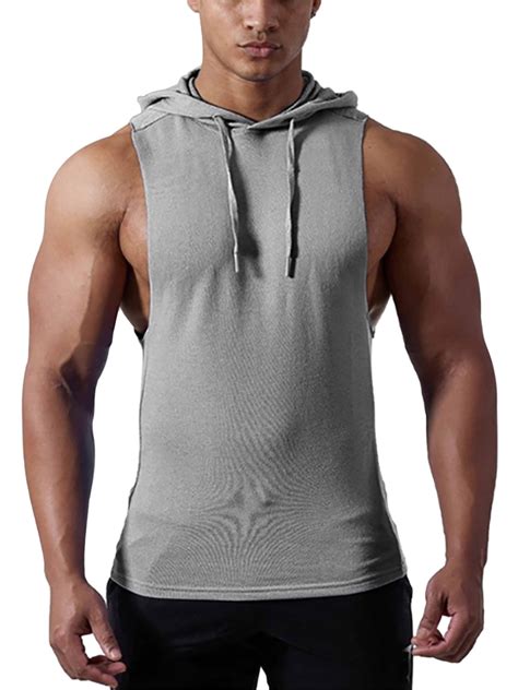 mens workout hooded tank tops bodybuilding muscle cut off t shirt sleeveless gym training