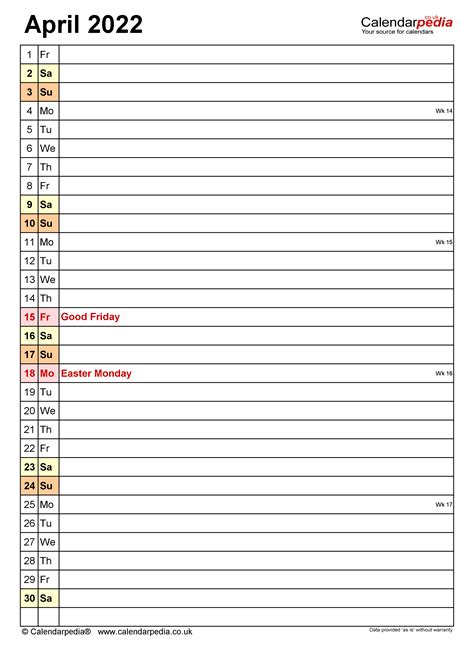 Calendar April 2022 Uk With Excel Word And Pdf Templates