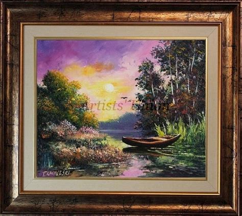 Autumn Landscape Original Oil Painting Fall Lake Boat River Forest