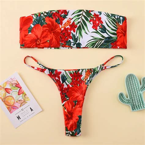 Sexy Floral Print Swimsuit Thong Micro Bikini Bandeau Swimming Suit