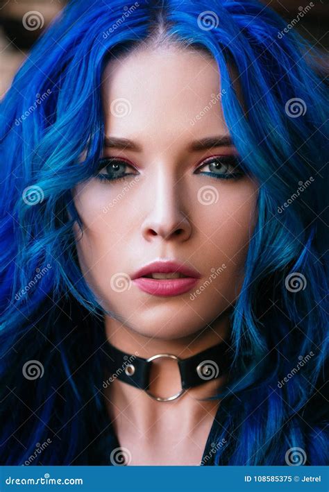 Closeup Portrait Of Blue Haired Beautiful Young Girl Informal Model