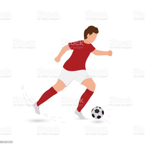 Cartoon Male Soccer Player Kicking Ball On White Background Stock