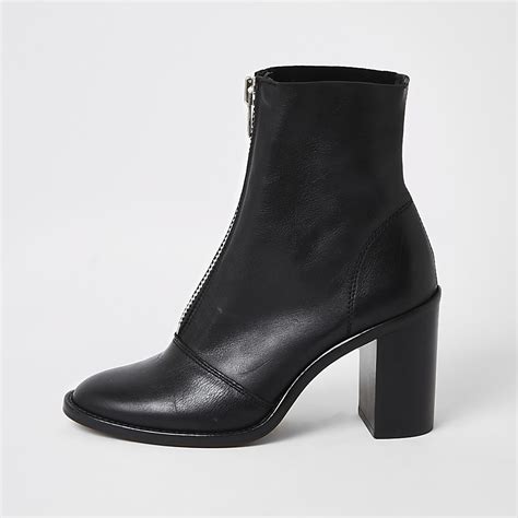 Black Leather Zip Front Heeled Boots River Island